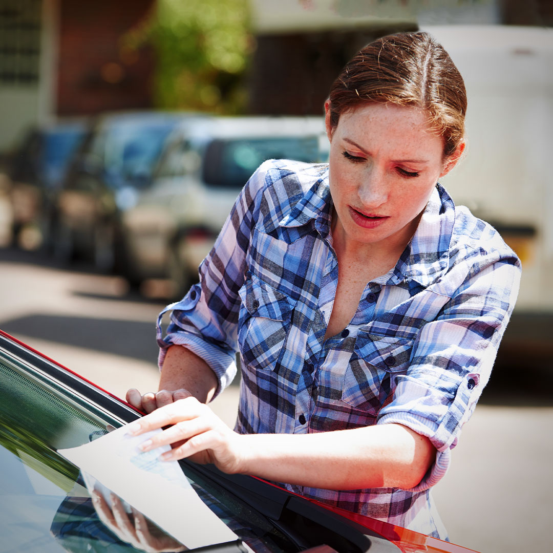Frau entfernt Zettel von Winschutzscheibe eines Autos