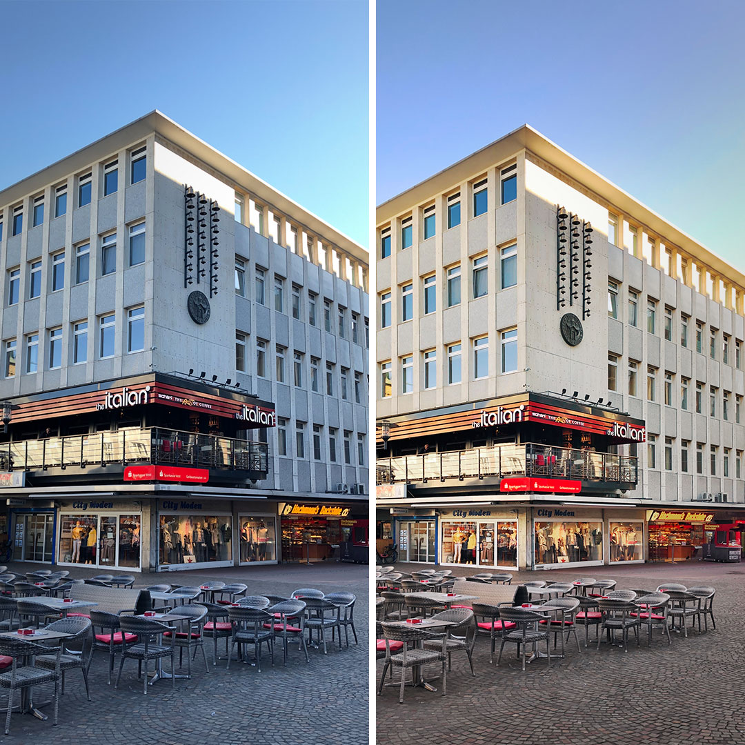 Vorher-Nachher-Bild, die Bildbearbeitung verdeutlicht